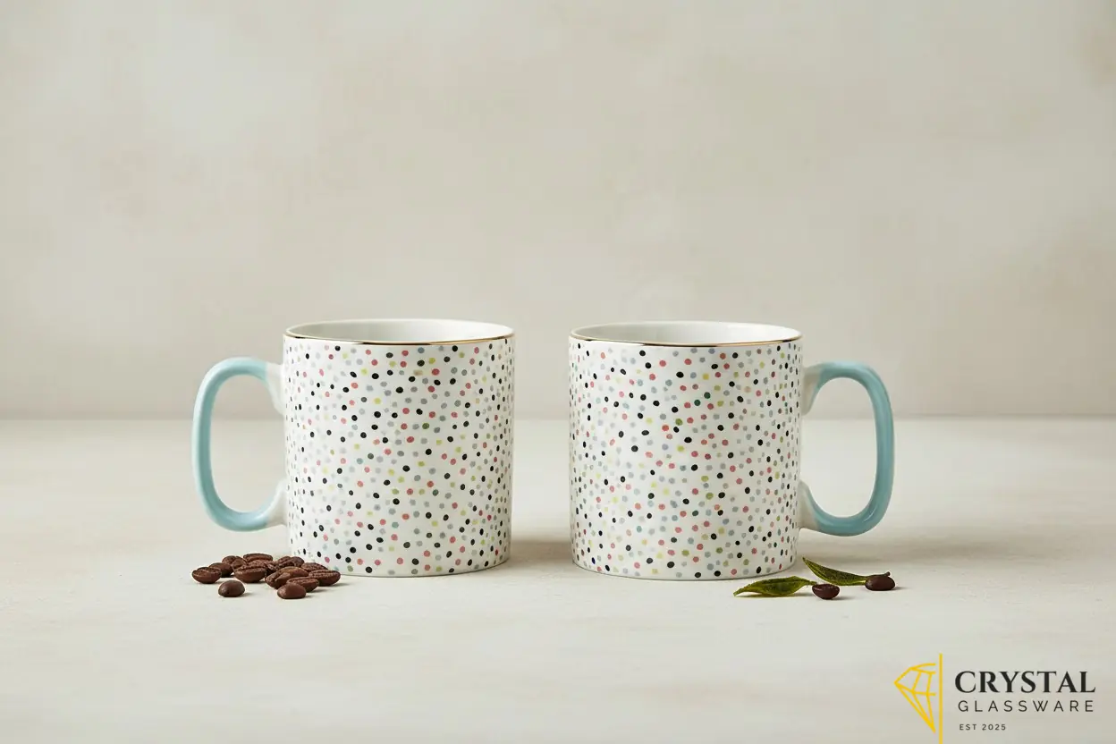Danny Home Porcelain Mugs 2-Piece Gift Set featuring a playful multicolored speckled dot pattern and pastel handles